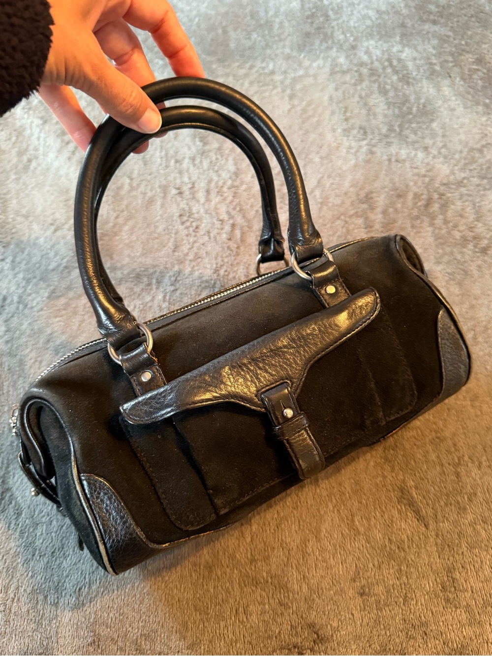 Lauren Ralph Lauren Black Leather & Suede Satchel Bowler Bag